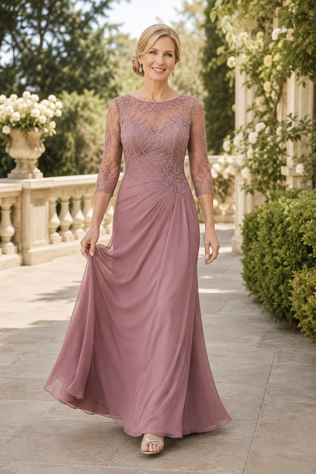 Dusty Rose Chiffon A-Line Mother Dress with Lace Three Quarter Sleeves and Side Drape front view