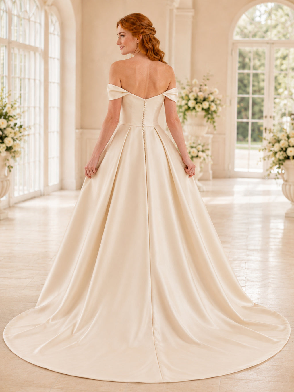 Off Shoulder Sweetheart Satin Court Ball Bridal Gown back view