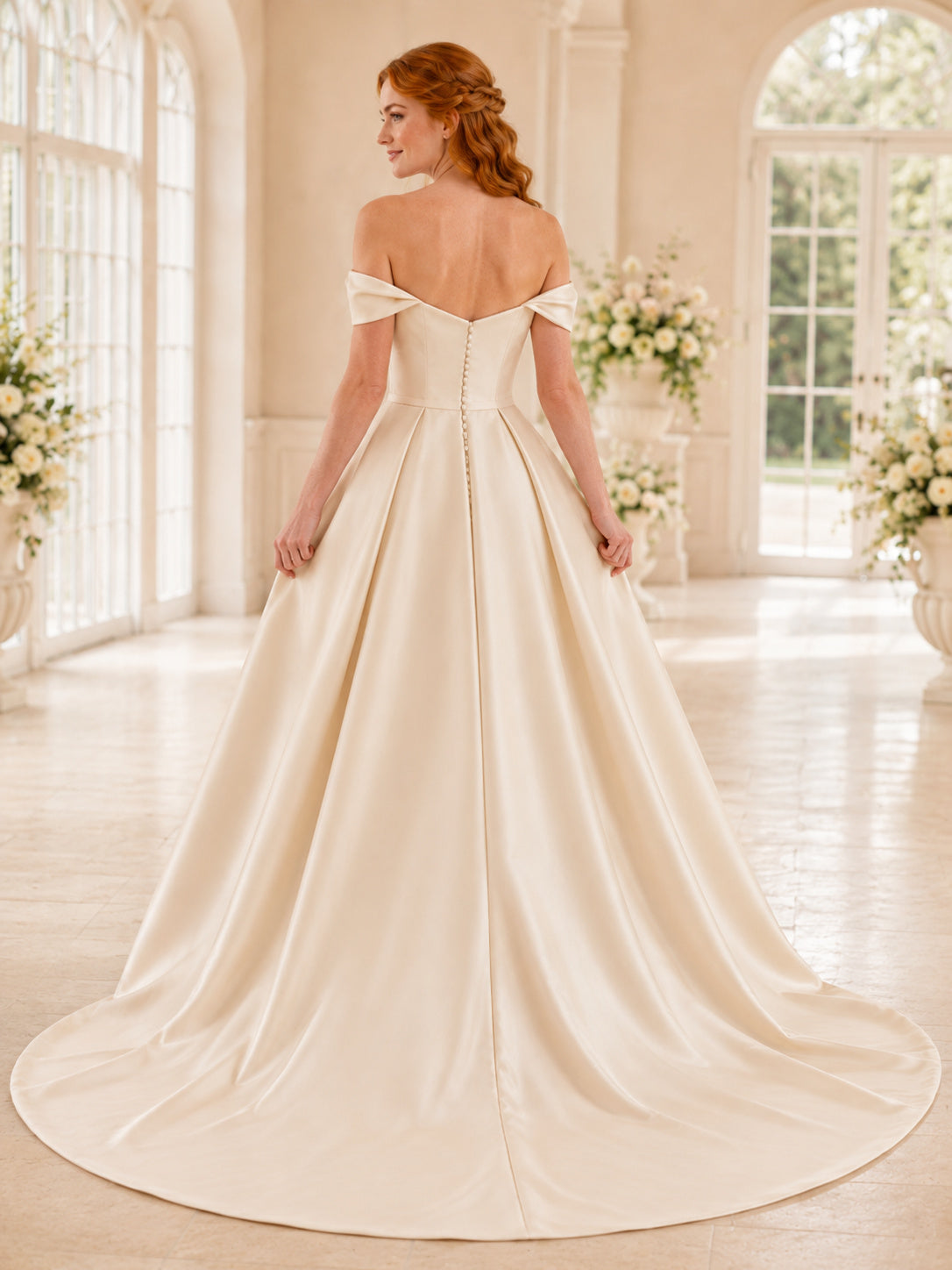 Off Shoulder Sweetheart Satin Court Ball Bridal Gown back view