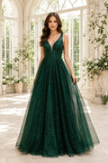 Plus Size Dark Green V-Neck Glitter Tulle A-Line Formal Gown with Low Back for Prom front view