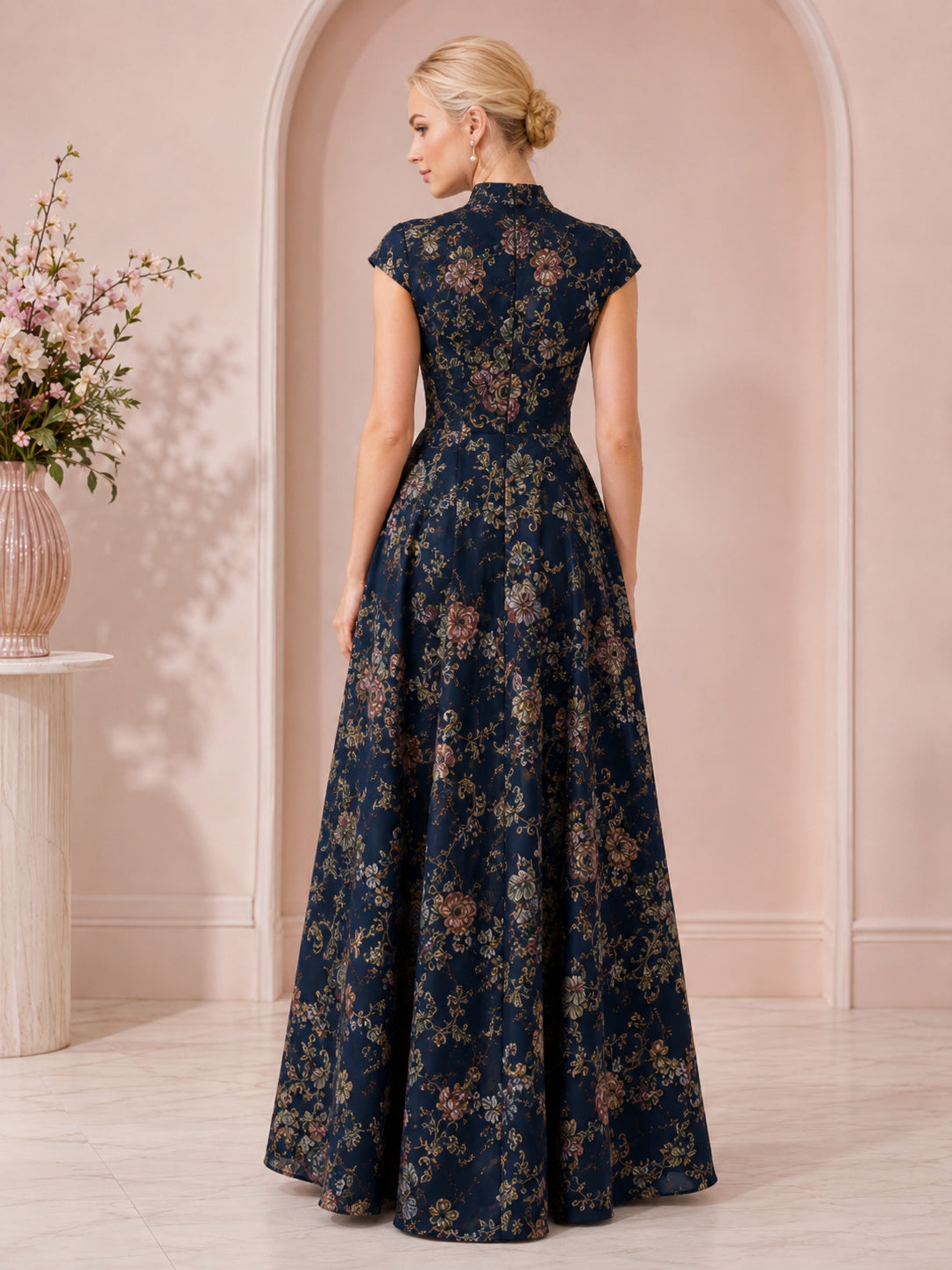 Navy Victorian Botanical High Neck Cap Sleeve Formal Maxi Dress back view