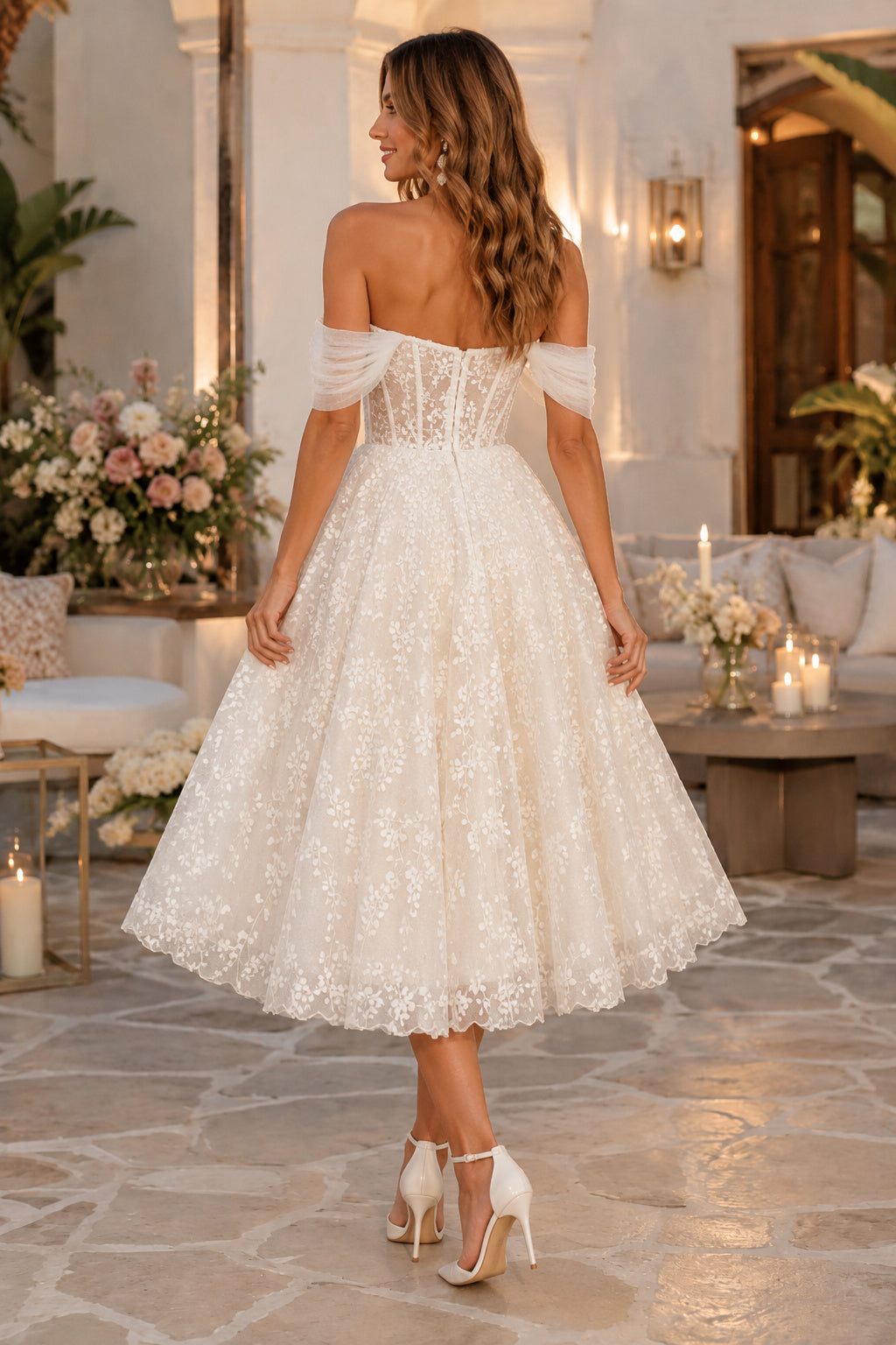 Ivory Off-the-Shoulder Sweetheart Draped Sleeve Lace Tulle Tea-Length Wedding Dress with Draped Sleeves and Lace Midi Skirt b