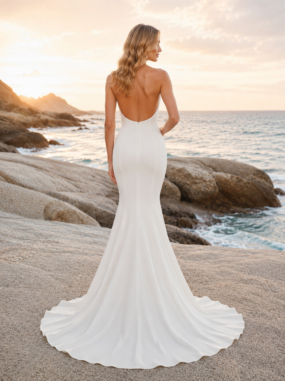 Modern Strapless Mermaid Crepe Ocean Rocks Elopement Dress back view