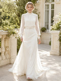 Vintage High Neck Long Poet Sleeve Satin Sheath Sweep Train Wedding Gown front view
