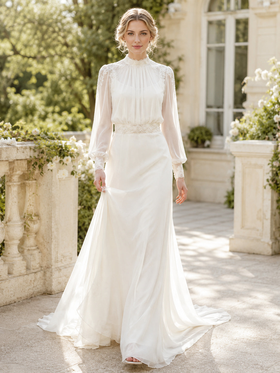 Vintage High Neck Long Poet Sleeve Satin Sheath Sweep Train Wedding Gown front view