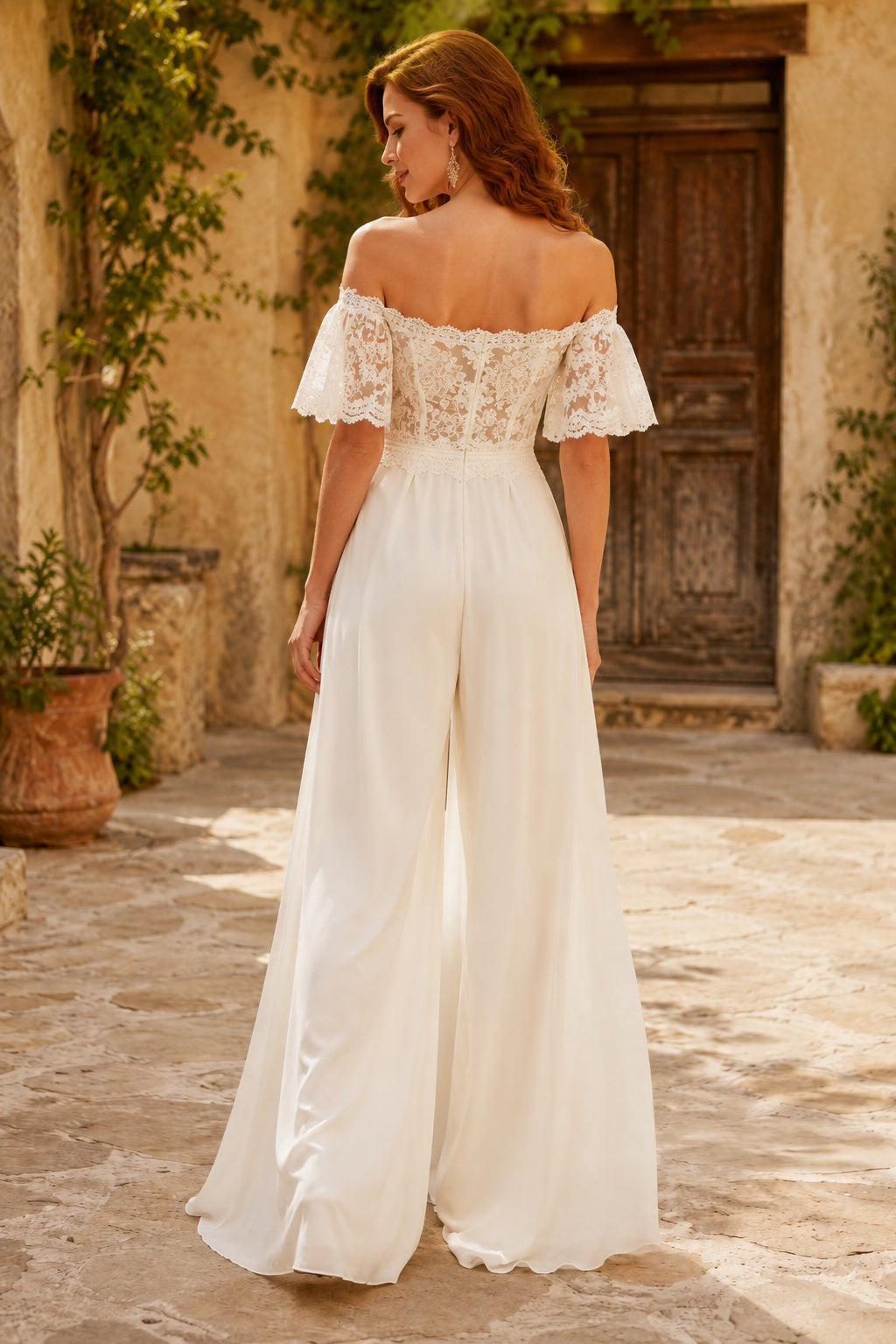 Ivory Off-the-Shoulder Sweetheart Flutter Sleeve Lace Satin Floor-Length Bridal Jumpsuit with Flutter Sleeves and Wide Leg Pa
