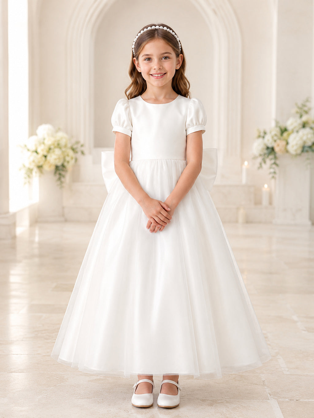 White Satin Tulle Jewel Neck Short Puff Sleeve Oversized Bow Ankle Length Communion Flowergirl Dress front view