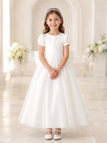 White Satin Tulle Jewel Neck Short Puff Sleeve Oversized Bow Ankle Length Communion Flowergirl Dress front view