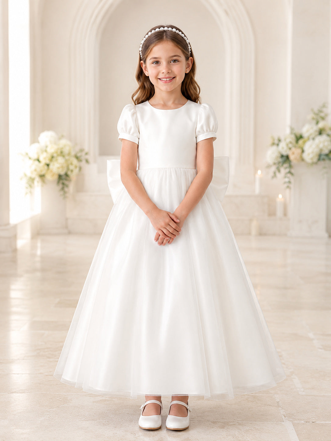 White Satin Tulle Jewel Neck Short Puff Sleeve Oversized Bow Ankle Length Communion Flowergirl Dress front view