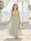 Sage Chiffon A-Line Flower Girl Dress Sleeveless Square Neck Tea Length Pleated front view