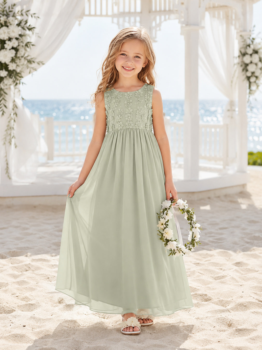 Sage Chiffon A-Line Flower Girl Dress Sleeveless Square Neck Tea Length Pleated front view