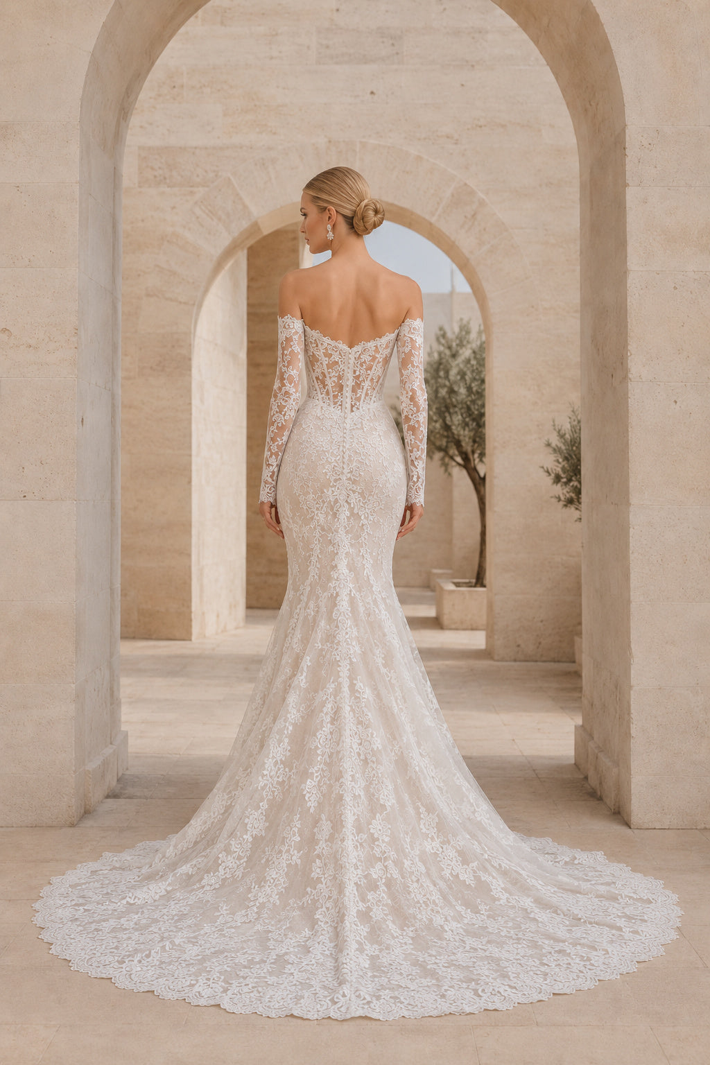 Long Sleeve Lace Mermaid Wedding Dress with Chapel Train Style 720596 back view