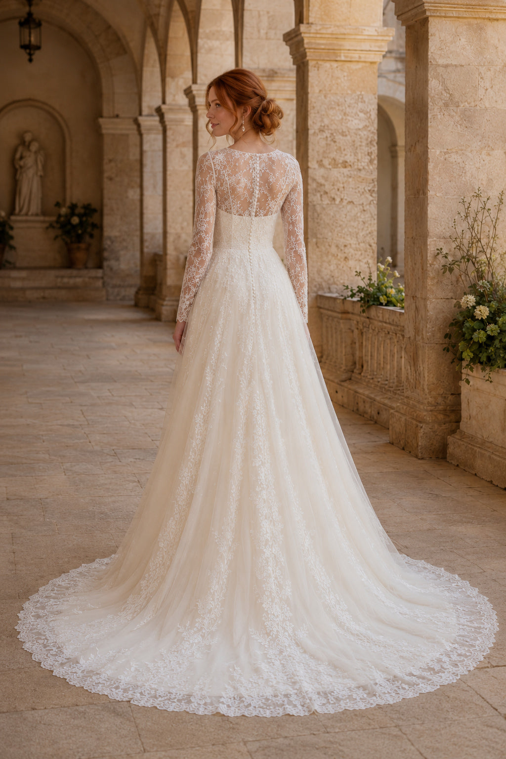 Ivory Luxury High Neck A-Line Lace Tulle Wedding Dress with Long Lace Sleeves and Chapel Train Style MG_701372 back view
