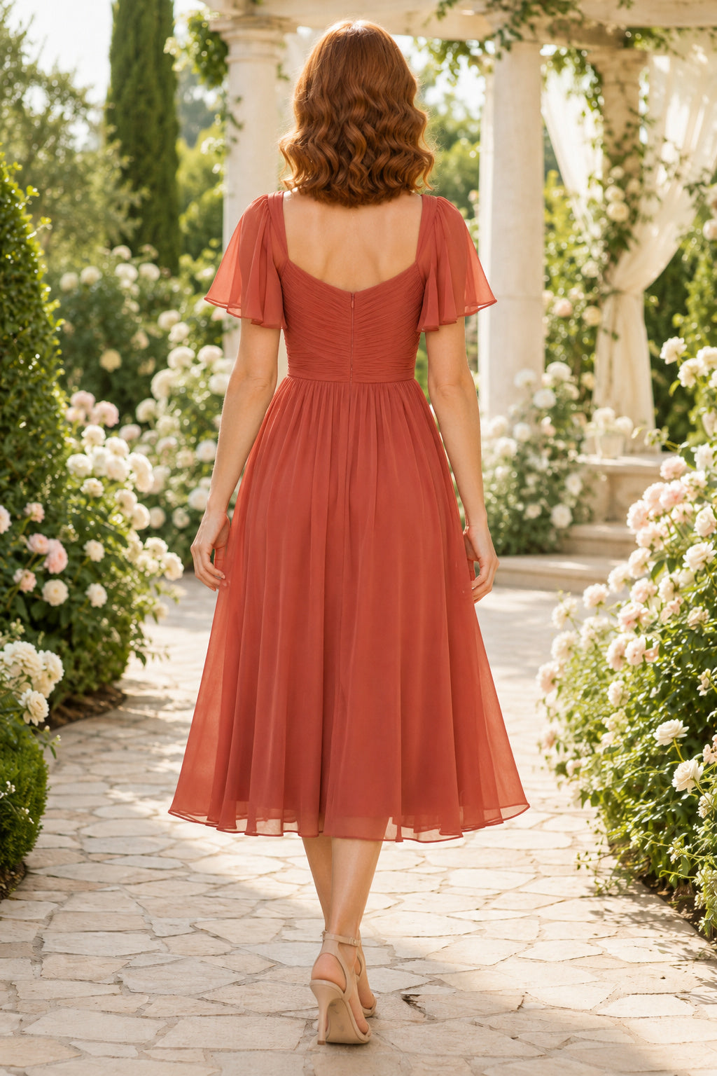 Orange Terracotta Wedding Guest Sheath Dress Style MG_301570 back view