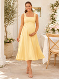 Daffodil Maternity Square Neck Straps Empire Satin Tea Length Simple Summer Dress front view