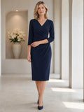 Navy V Neck Three Quarter Sleeve Conservative Sheath Midi Dress front view