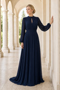 Navy High-Neck Long Sleeve A-Line Chiffon Floor-Length Dress With Keyhole Back