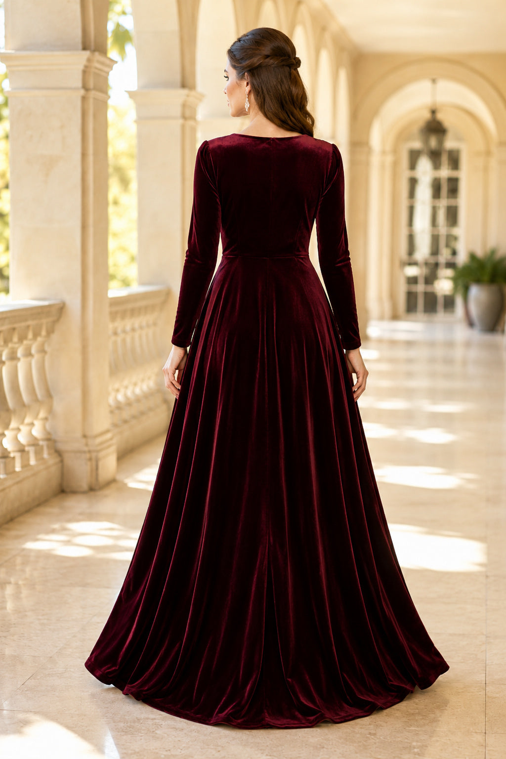 Burgundy V-Neck Velvet A-Line Formal Dress with Long Sleeves and Floor Length Skirt back view