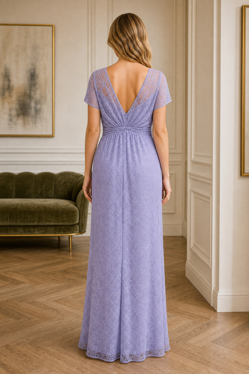 Lavender V-neck Short Sleeve Sheath Lace Floor-Length Dress