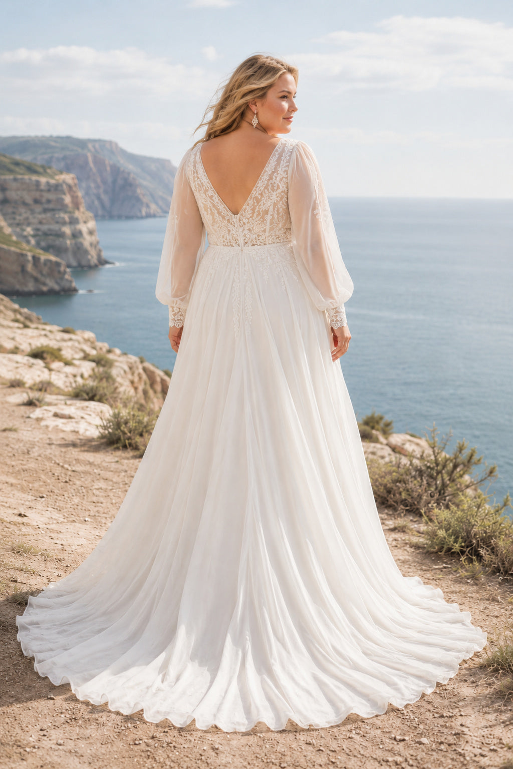 Plus Size Long Sleeve V-Neck Lace A-Line Wedding Dress with Soft Train back view