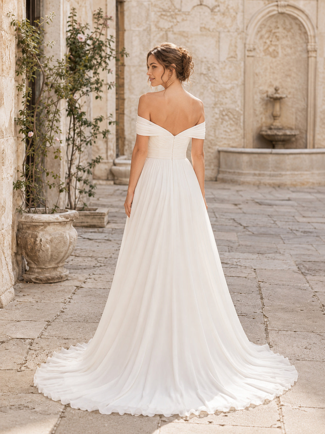 Petite Off-Shoulder Sweetheart Chiffon A-Line Sweep Train Wedding Dress back view