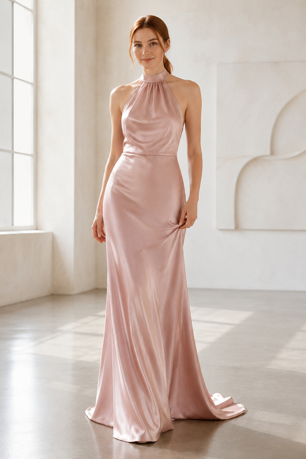 Blushing Pink Halter Charmeuse Sheath Formal Dress with Draped Neck and Open Back front view