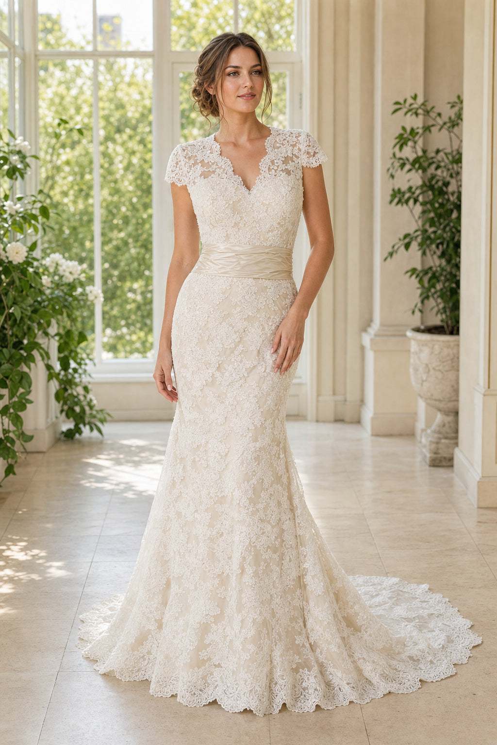 White V-neck Cap Sleeves Mermaid Lace Floor-length Wedding Dress With Lace and Sash