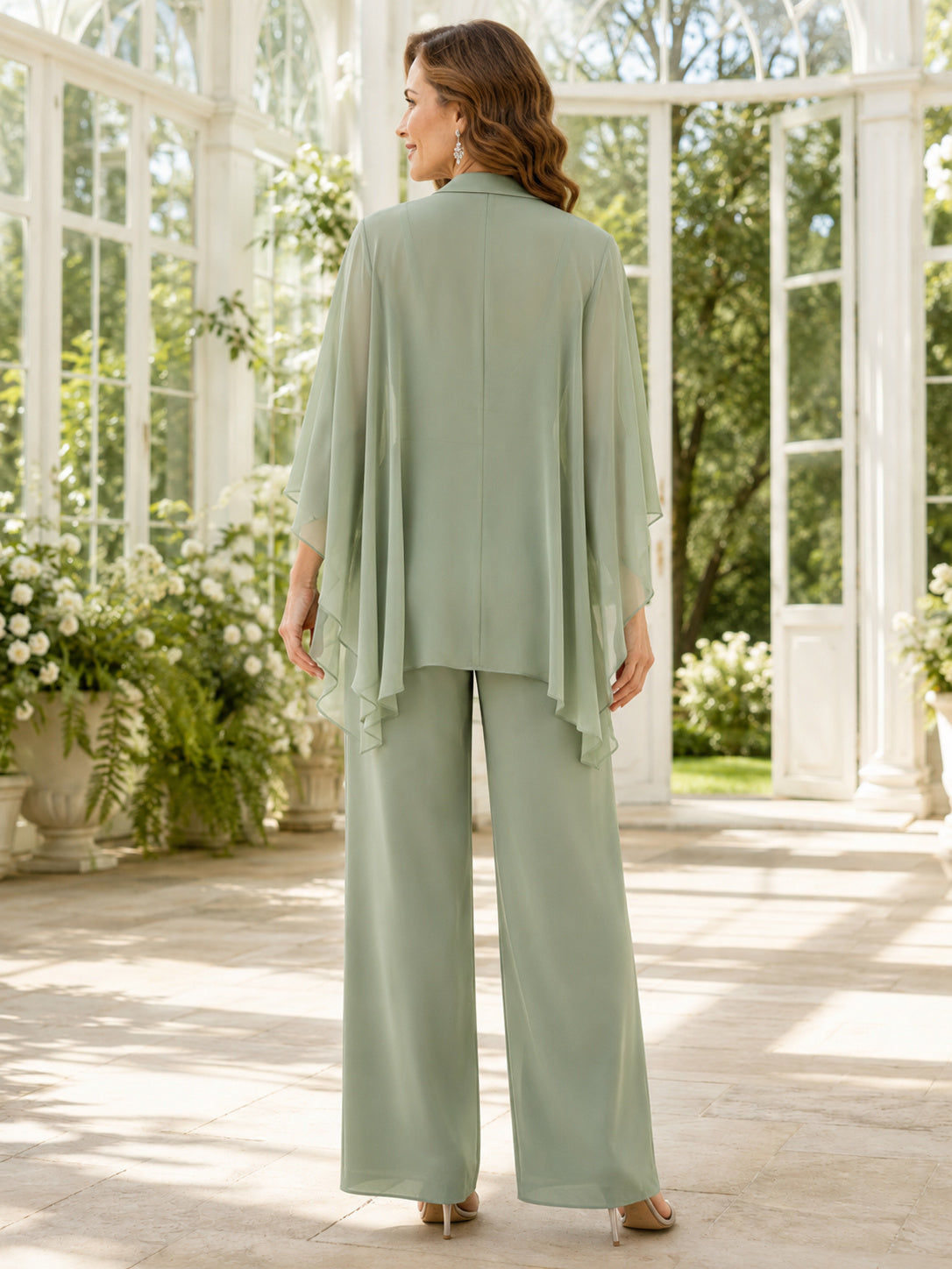 Mother Sage Chiffon Pantsuit with V-Neck Cape Jacket and Wide Leg Pants back view