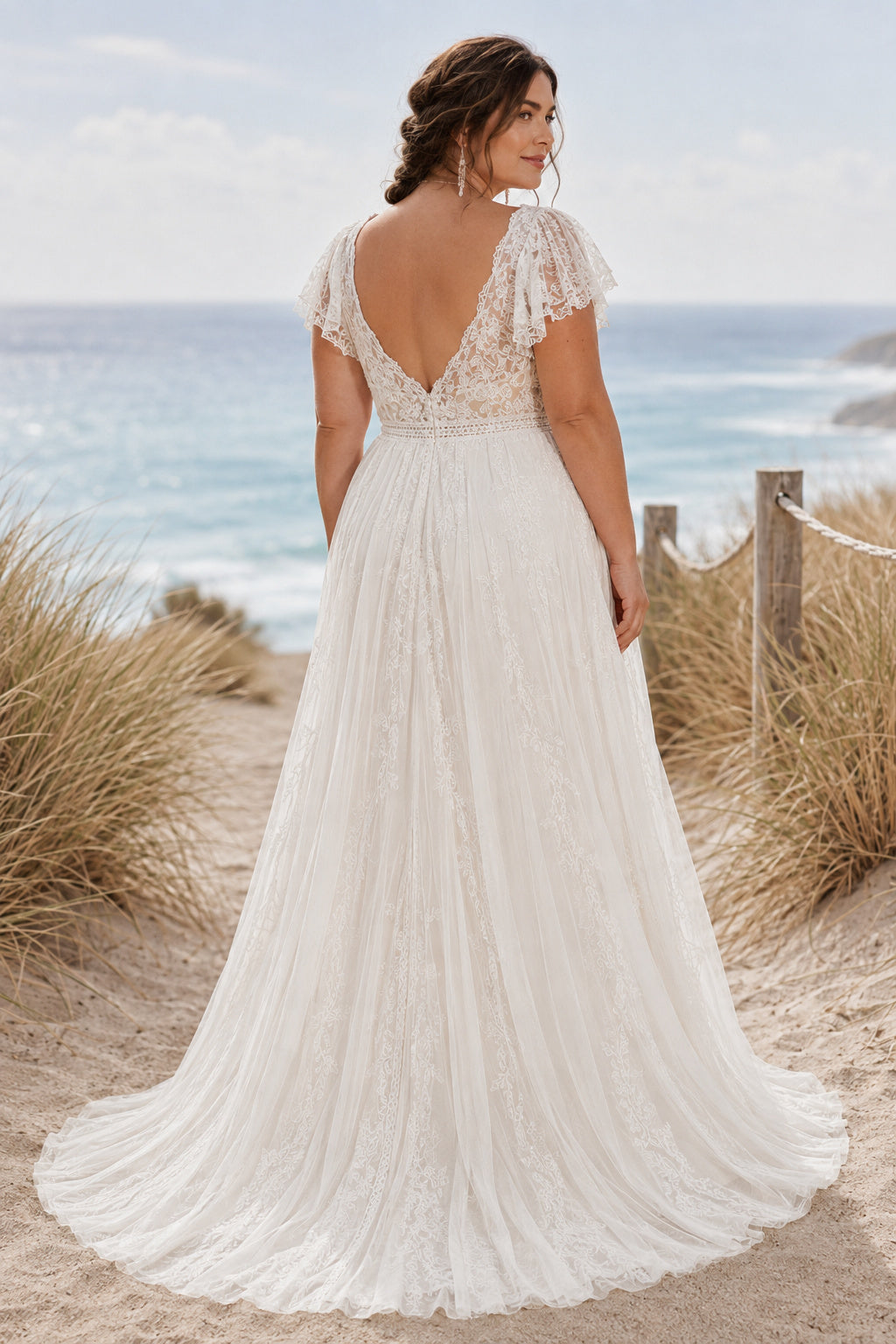 Plus Size Ivory V-Neck Flutter Sleeve Lace Tulle A-Line Wedding Dress with Flutter Lace Sleeves and Chiffon Sweep Train back