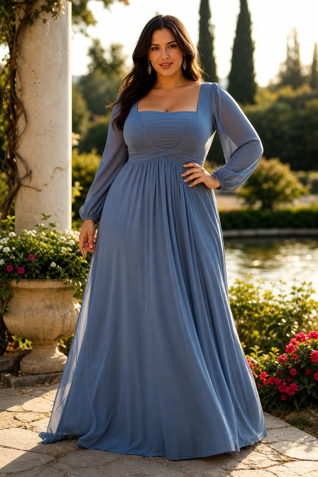 Dusty Blue V-Neck Floor-Length Chiffon A-Line Dress