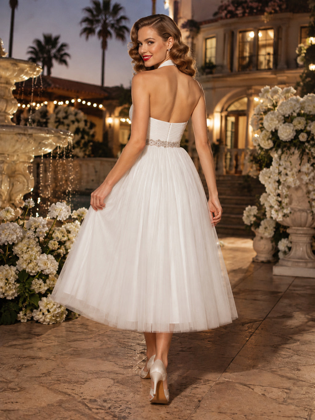 Retro Halter Tulle Tea Length Courtyard Bridal Dress back view