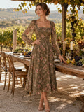 Olive Floral Square Neck Long Sleeve A Line Midi Dress front view