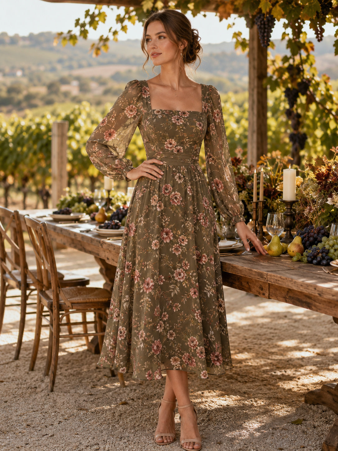 Olive Floral Square Neck Long Sleeve A Line Midi Dress front view