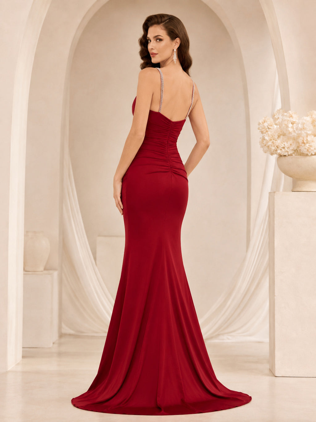 Red Crystal Strap Crepe Mermaid Evening Dress back view
