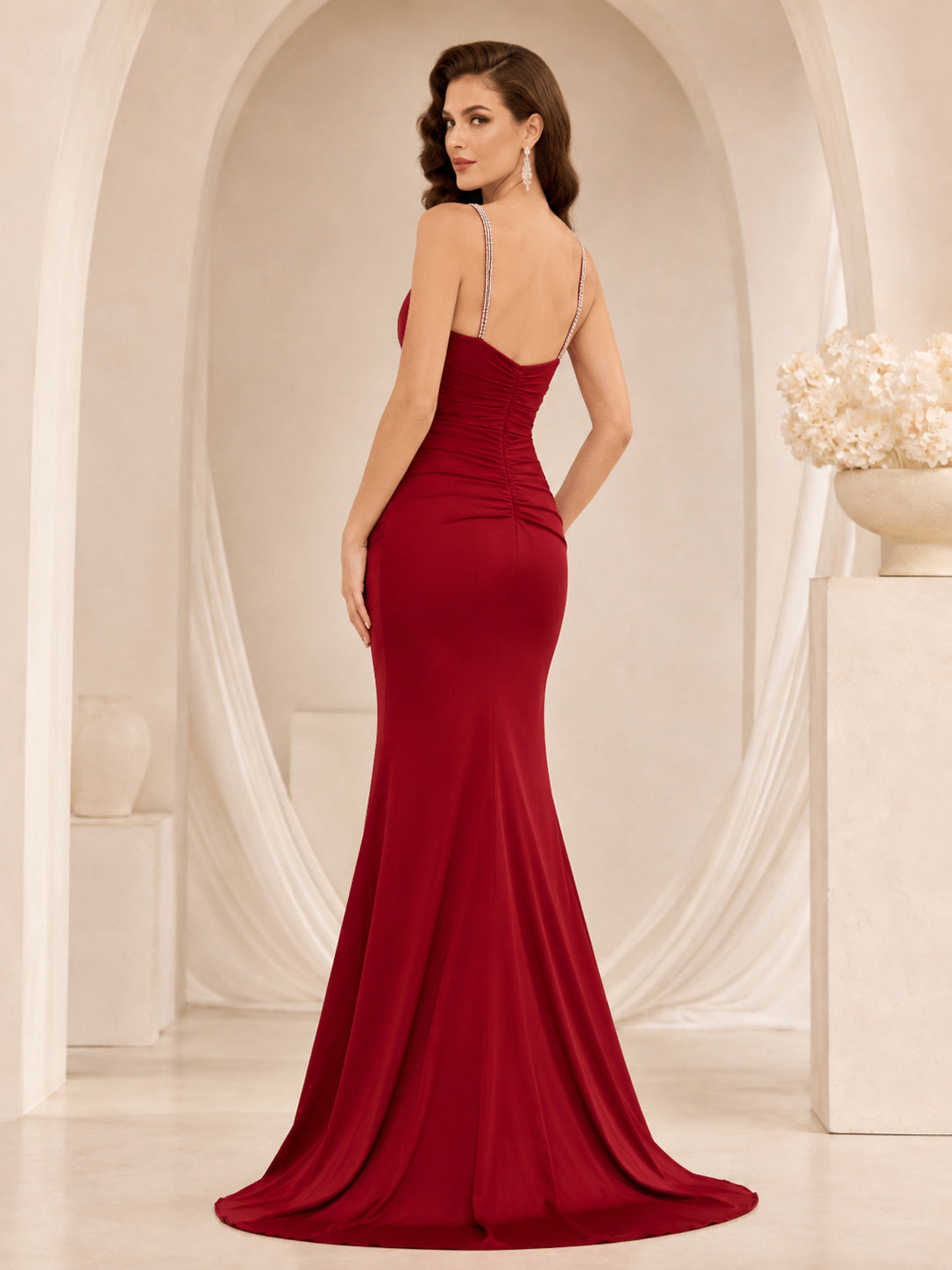 Red Crystal Strap Crepe Mermaid Evening Dress back view