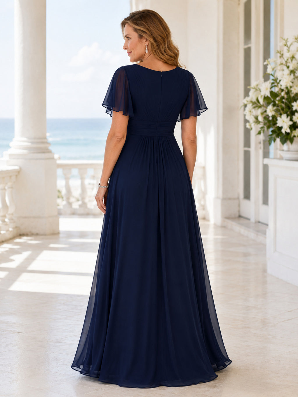Dark Navy Modest Floor-Length A-Line Mother of the Bride Chiffon Gown with V-Neck Empire Waist and Split Flutter Sleeves back