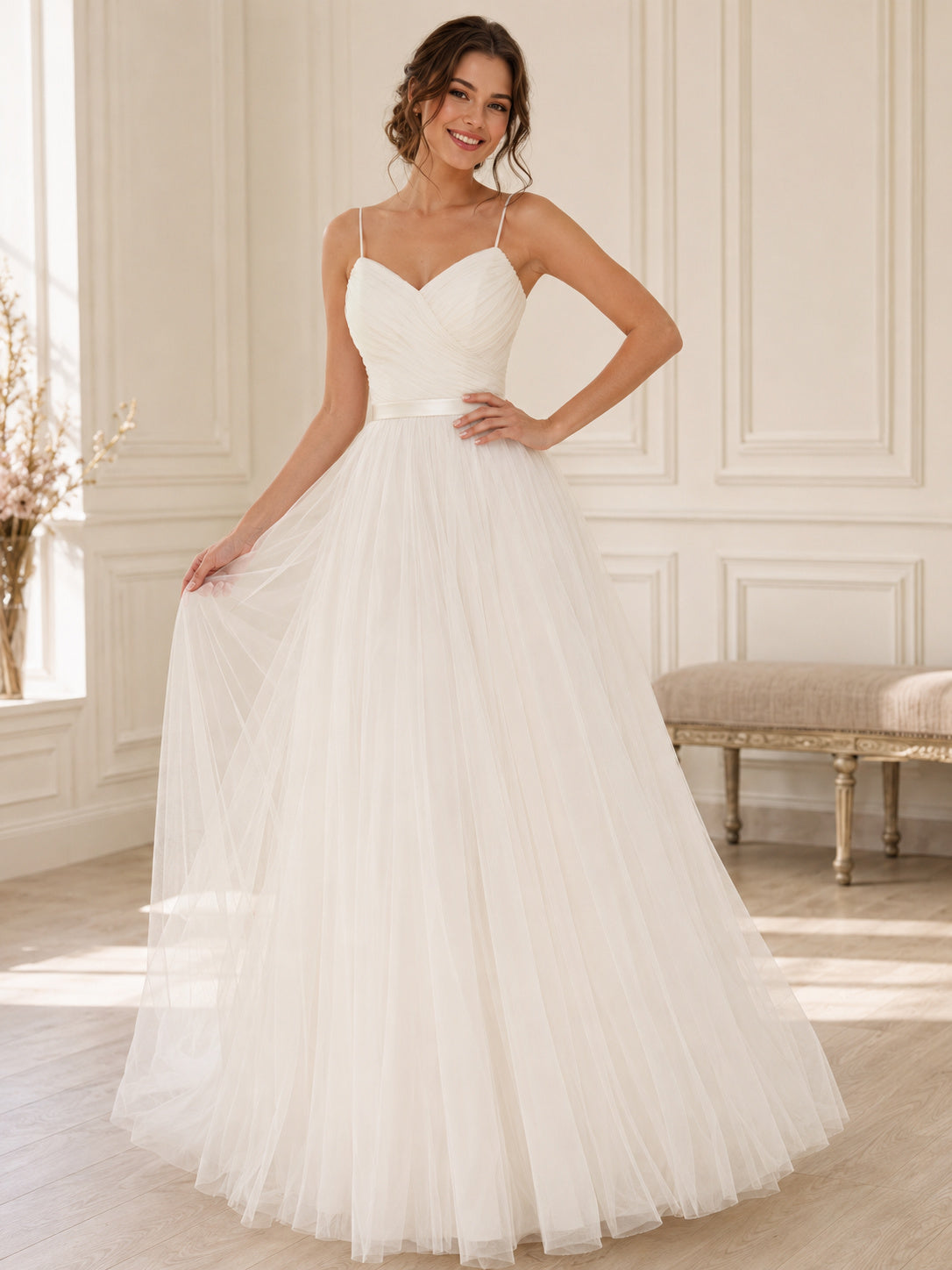 Budget Spaghetti Strap Sweetheart Tulle A-Line Bridal Gown front view
