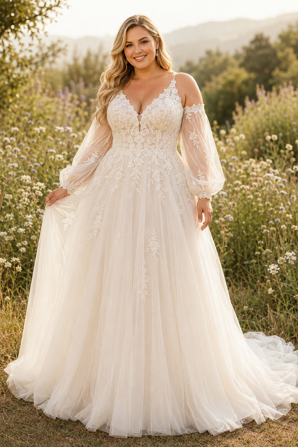 Plus Size Ivory Off-the-Shoulder Sweetheart Poet Sleeve Lace Tulle A-Line Wedding Dress with Poet Sleeves and Soft Tulle Trai