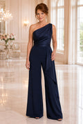 Dark Navy One Shoulder Formal Jumpsuit with Draped Bodice and Wide Legs for Formal Reception front view
