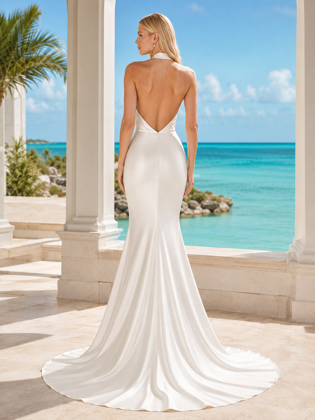 Cowl Halter Satin Mermaid Low Back Chapel Train Destination Wedding Gown back view