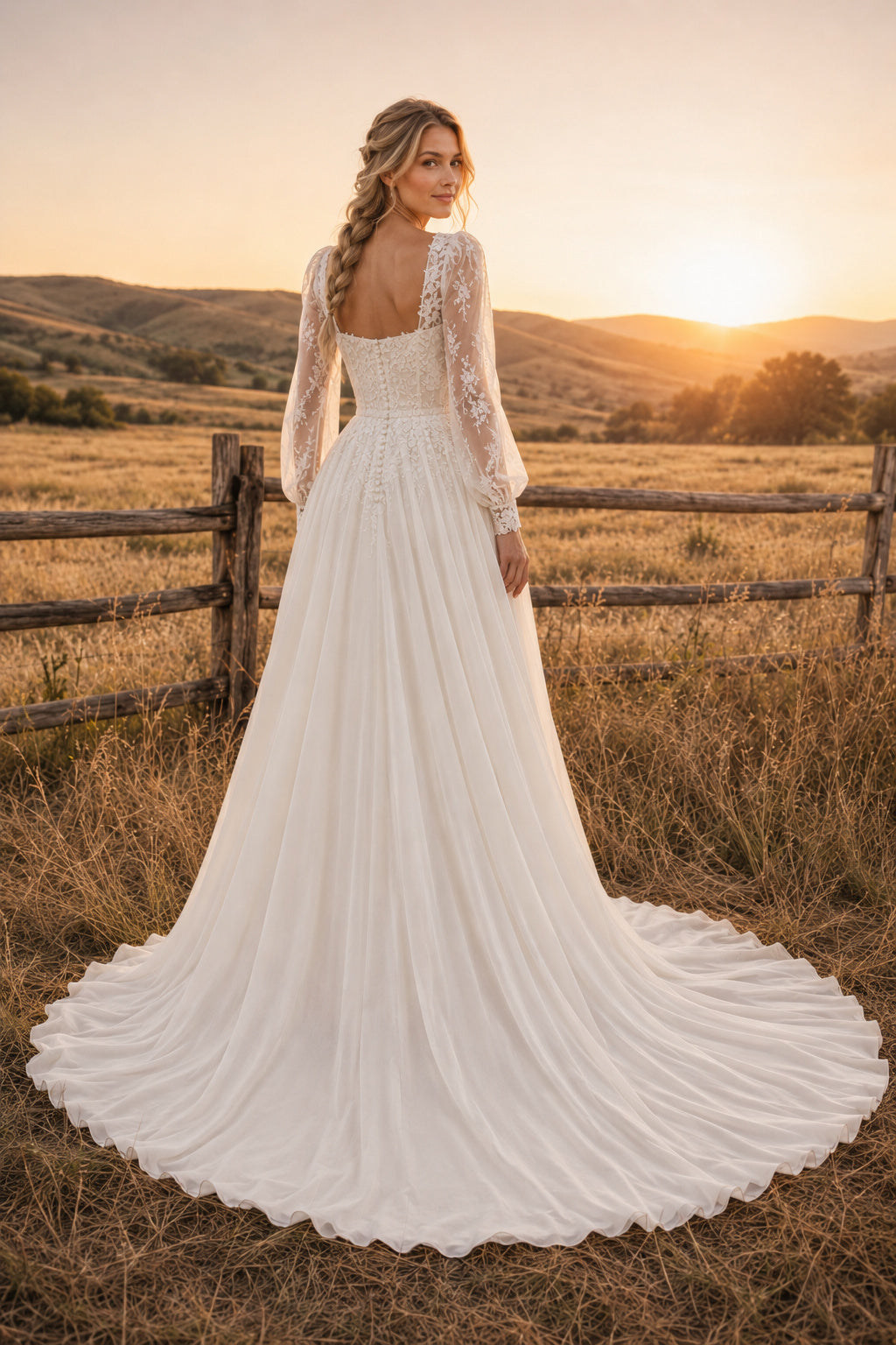 Ivory Square Neck Long Sleeve Chiffon A-Line Wedding Dress with Lace Jacket Effect and Train back view