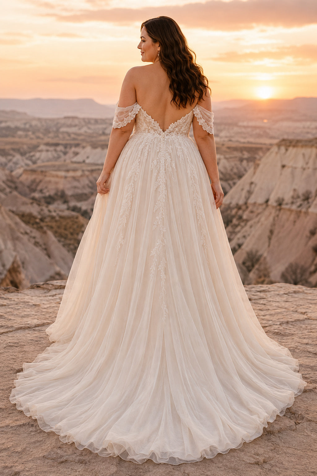 Plus Size Champagne Off-the-Shoulder Sweetheart Flutter Sleeve Lace Tulle A-Line Wedding Dress with Ruched Bodice and Flowing