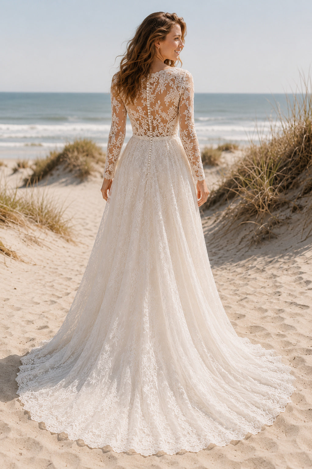 Ivory Long Sleeve Lace A-Line Beach Wedding Dress with V-Neck and Low Back back view