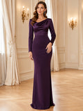 Plum Cowl Neck Long Sleeve Satin Sheath Floor Guest Dress front view
