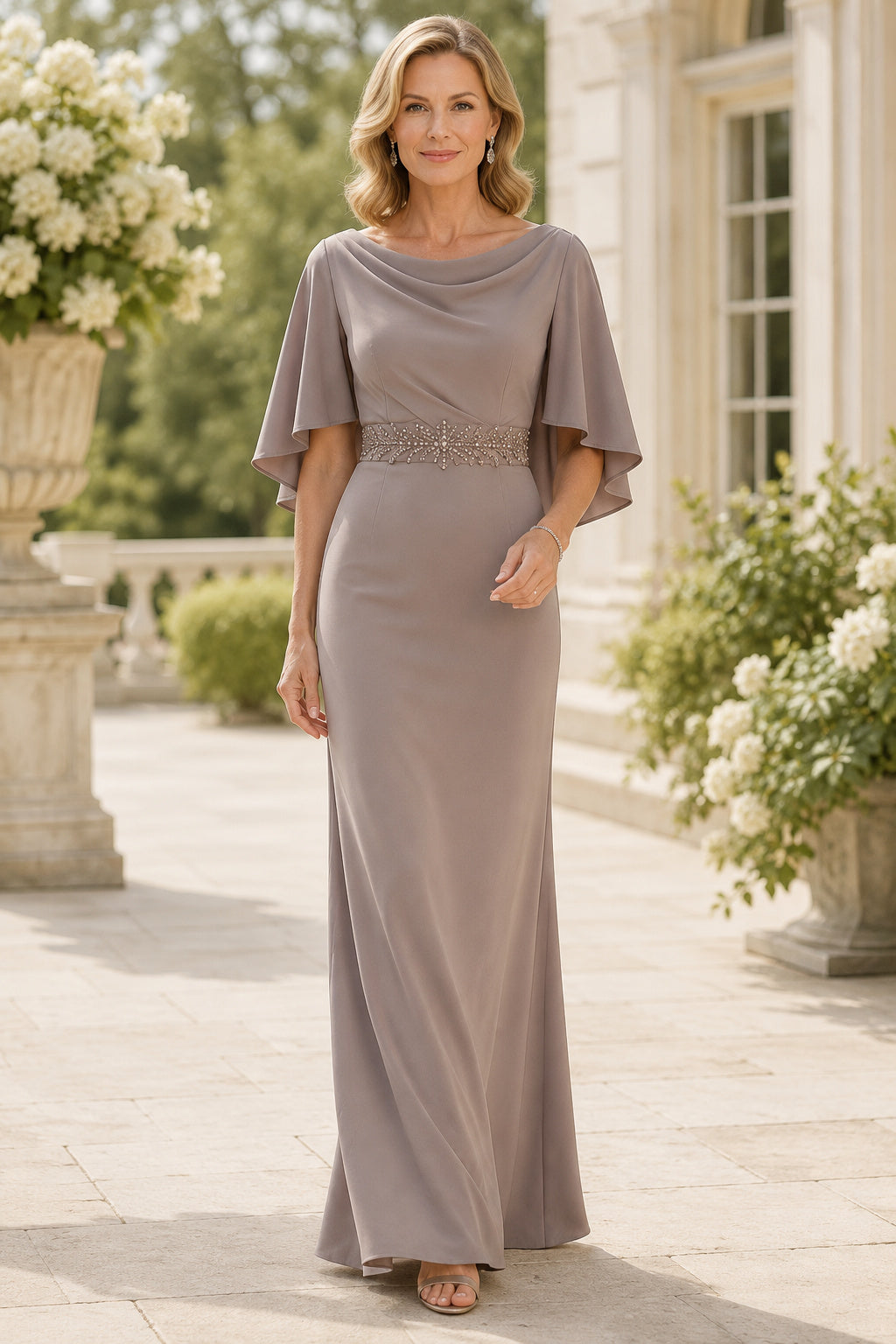 Taupe Cowl Neck Sheath Mother Dress with Flutter Sleeves and Beaded Waist for Evening Reception front view
