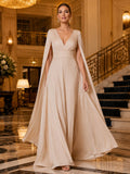 Champagne V Neck Cape Sleeve A Line Formal Evening Gown front view