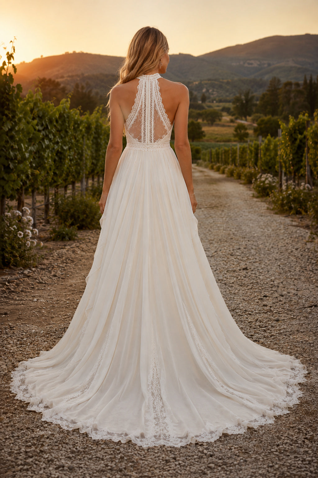 Ivory Halter Chiffon A-Line Wedding Dress with Keyhole Bodice and Open Back back view