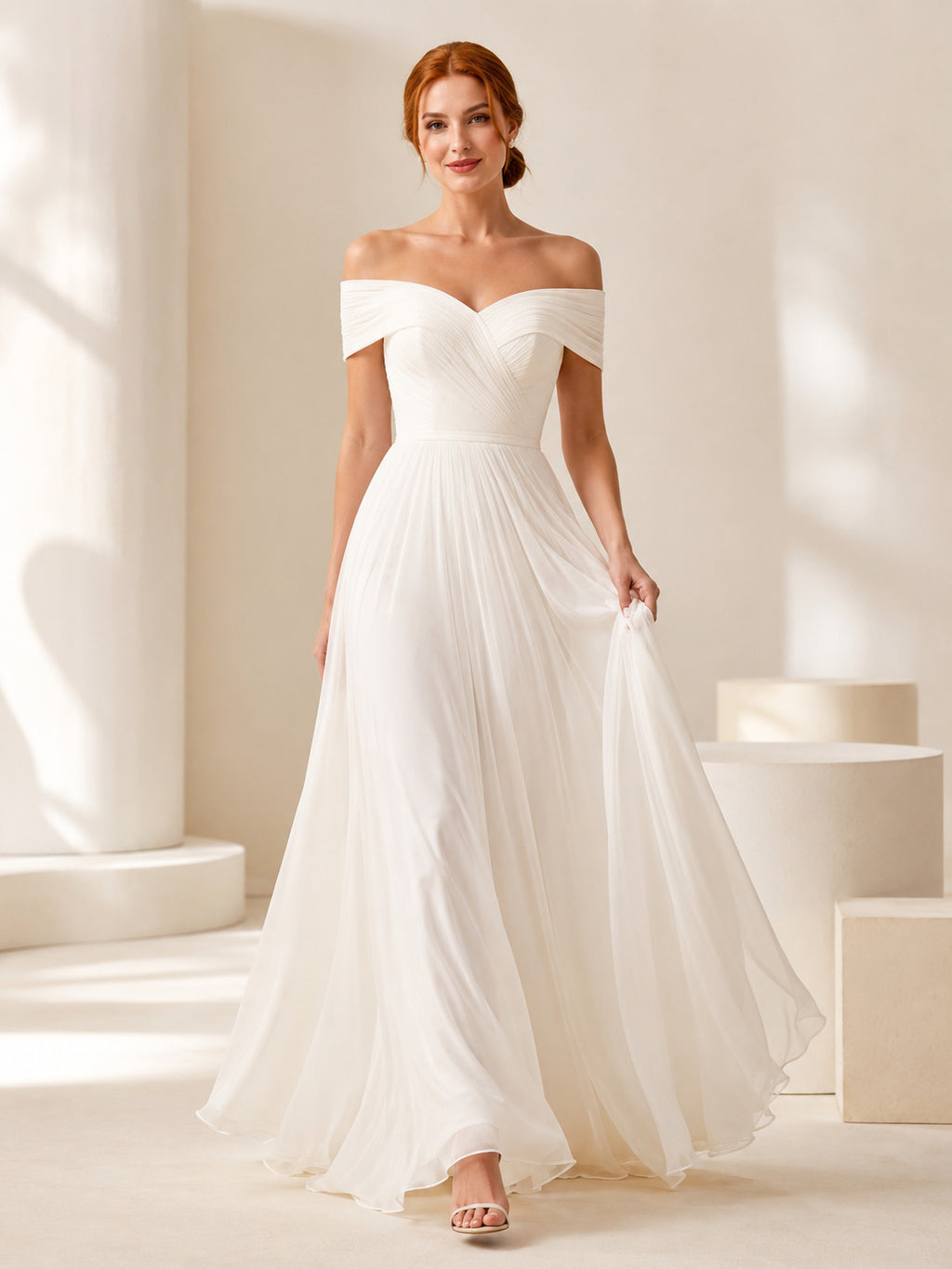 Pearl Tone Off Shoulder Chiffon A-Line Evening Gown front view