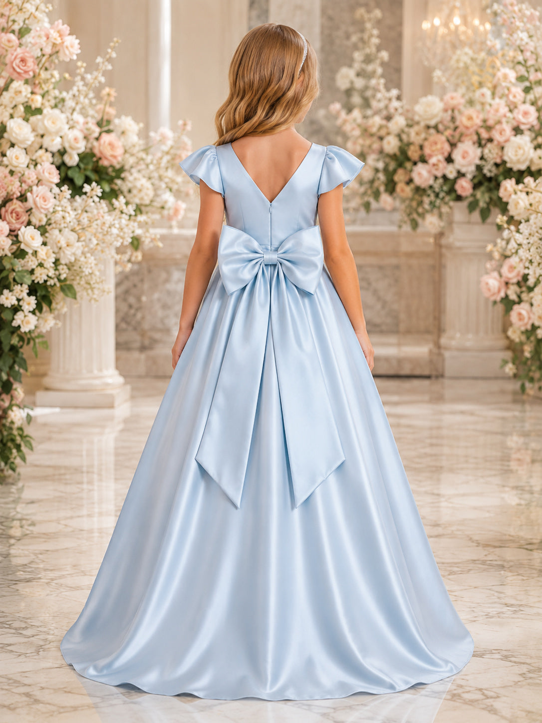 Sky Blue Satin A-Line Flower Girl Formal Dress with V-Neck Bow and Floor-Length Skirt back view