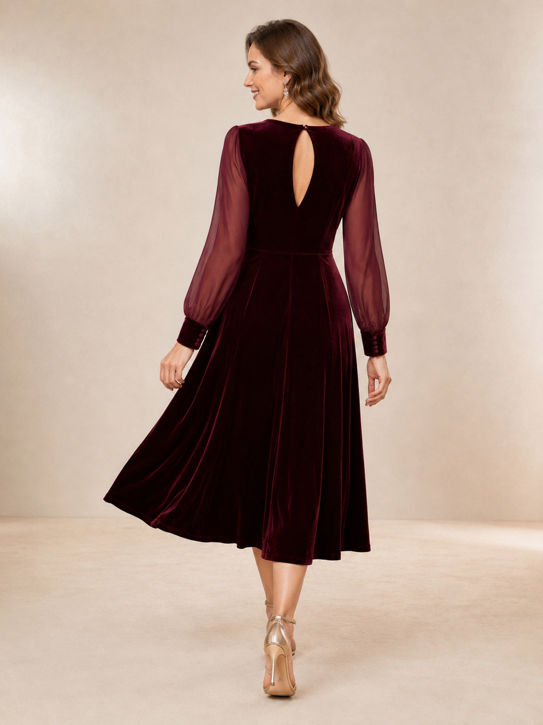 Burgundy Velvet Keyhole Back Midi Occasion Dress back view